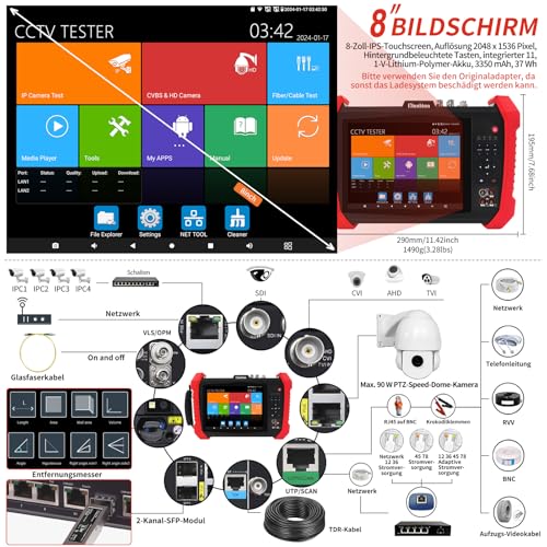 Henkion IPC CCTV Tester H20-MOVTADHSEF 8K 32MP 12MP IP Kamera Test POE++ Max 90W HD Kameratester 8MP TVI/CVI/AHD/SDI/CVBS DMM TDR WiFi Netzwerk Tools RJ45 Kabel Tester 2CH SFP Port HD VGA