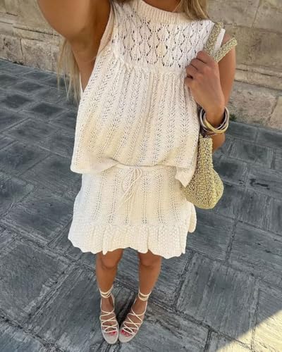 CHARTOU Women Crochet Knit 2 Piece Sets Summer Outfits Sleeveless Vest Tops and Ruffle Mini Skirt3