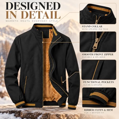 MIA FASHION Men's Fur Lined Bomber Jacket, Black - Image 4