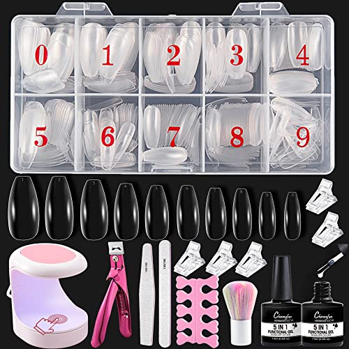 Chennyfun Kit Manicura de Tips Uñas y Pegamento, 500 Uñas Postizas Transparentes de Resina, con Pegamento Uñas Postizas y Mini Lampara Uñas, para Salón de Belleza o Uso Doméstico Cover