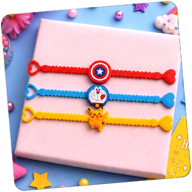 Image of CraftVatika Set of 3 Rakhi for Kids Brother, Rakhi Set for Brother Boys Girls Baby Kids, Cartoon Designer rakhis for Children, Rakshabandhan Combo with Greeting Card Tilakk, Raksha Sutra for Child