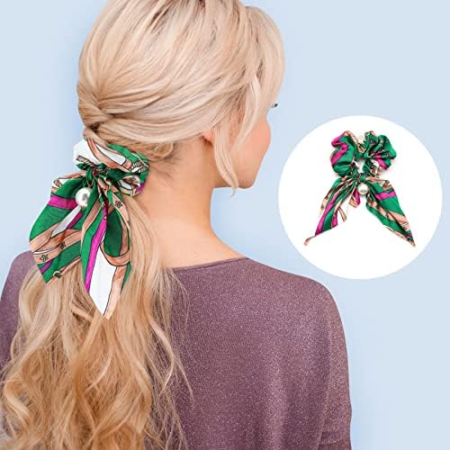 Greoer 4 Pieces Hair Scrunchies for Women Girls, Elastic Pearl Bowknot Hair Scrunchies, Different Color Polyester Ponytail Holder Hair Accessories, Ideal for Daily Outdoor activities