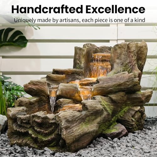 Image of Sunlinua 34.5 inch L Garden Outdoor Water Fountain, Floor Standing Wood Imitation Resin Natural Waterfall Fountains with LED Lights for Patio, Porch, Home Art Decor
