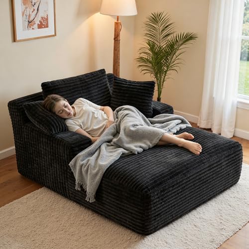Aivermeil Boneless Couch Modernes Cord Bodensofa mit Schlaffunktion – Cloud Sofa mit Chaiselongue, 3 Kissen, Bequeme Sofa Couch für Wohnzimmer, Keine Montage erforderlich, Schwarz, 172 * 130 * 71