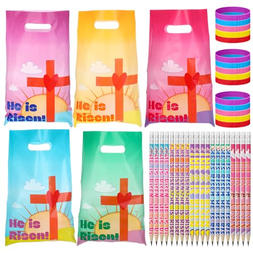 Ireer 180 Pcs Easter Party Favors He Is Risen Favors Set Includes 60 Pcs Plastic Easter Goody Bags 60 Pcs He Is Risen Silicone Wristband 60 Pcs Religious Pencils for Easter School Favors