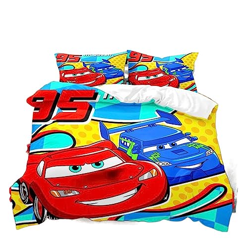 GYORI Juego de ropa de cama infantil de Anime Car para niños, funda nórdica de microfibra 3D con cremallera y funda de almohada, ropa de cama infantil Rayo McQueen (A, 200 x 200 + 75 x 50 cm)