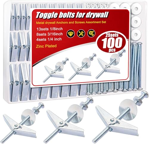 Taiss 100 Stück Heavy Duty Kippdübel 3 Größen 1/8 3/16 1/4 Federklappdübel Set Hohlwanddübel mit Flügelmuttern Muttern und Unterlegscheiben (25 Sets)