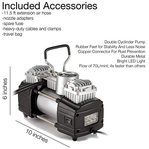 Portable Double Cylinder Air Compressor Tire Inflator With Led Flashlight, 12V Compact Air Pump For Car Tires, 150 Psi Heavy-Duty Metal Tire Pump, For Suv, Off-Road, Trailer, Truck, Bike, Air Bed #TOP5
