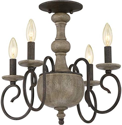 Quoizel Castile 4-Light Matte Black Semi-Flush Mount Ceiling Light with Soft Grey Real Wood Accents, Rustic Chandelier Ceiling Light for Foyer, Hallway, Bedroom, or Home Office