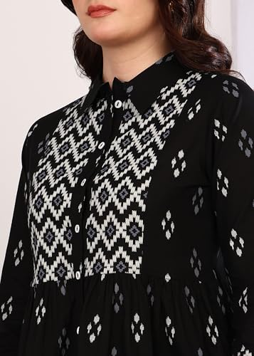 Image of Yash Gallery Women Cotton Regular Fit Geometric Print Hip Length 3 /4th Sleeve Collared Neck Short Kurti