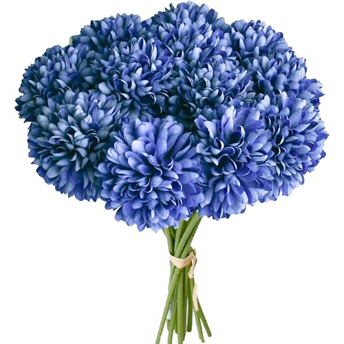 Image of Mandy's 12pcs Artificial Royal Blue Ball Chrysanthemum Flowers