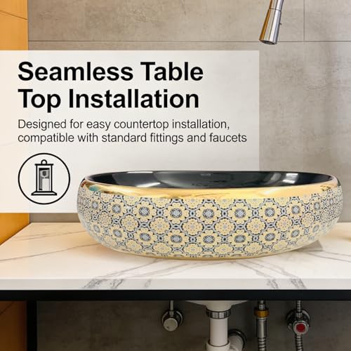 Image of Wallace Premium Countertop Wash Basin 60x40x15 cm | Oval Ceramic Table Top Sink | Black Interior with Royal Gold Ornate Pattern | Luxury Designer Vanity Wash Bowl for Modern Bathrooms