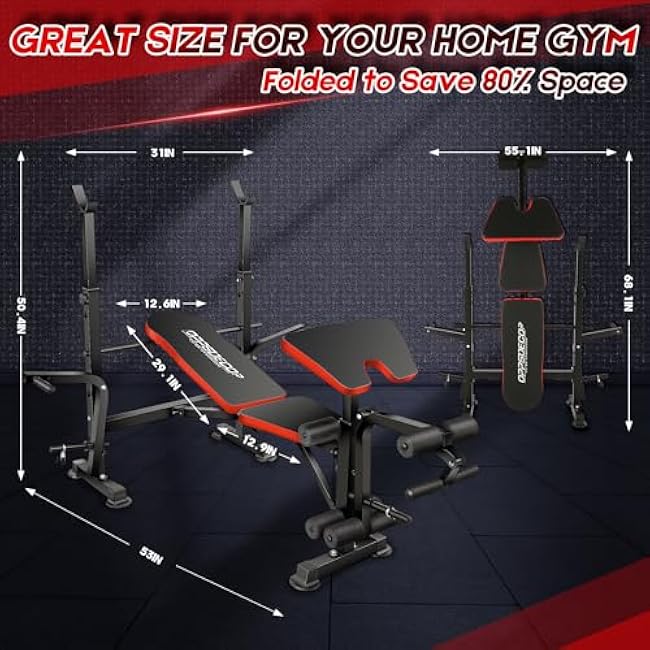 OPPSDECOR 660lbs 6 in 1 Weight Bench Set with Squat Rack, Workout Bench with Leg Extension Preacher Curl Rack Multi-Function Bench Press Set for Home Gym, ZWX1113 New Version Weight Bench