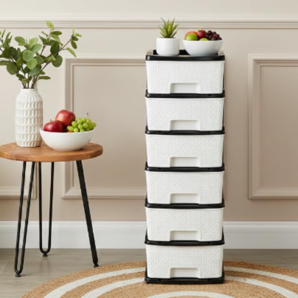 Image of Plastic Modular Drawer Storage Chest Of Drawers Organizer Storage Box, Large Stomo Racks For Multipurpose Anti-slip Shoes Organizers (White & Black, 6 Layer)