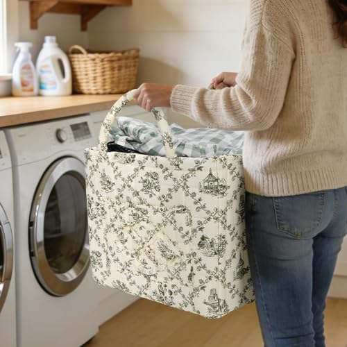 Image of Quilted Fabric Basket Foldable Car Storage Boho Floral Laundry Basket Hamper for Nursery Bedroom & Living Room | Organize Clothes Toys