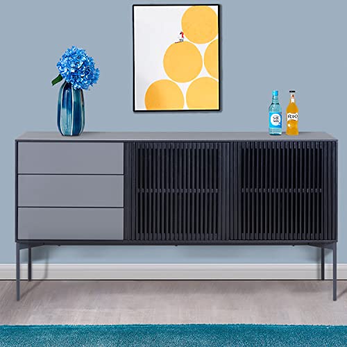 Lyuhome Black Wood Cabinet Modern Sideboard Buffet Cabinet With Drawers And Louvered Doors For Kitchen/Farmhouse/Dining Room/Living Room (Black & Grey #TOP2