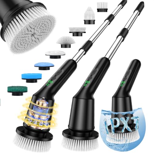 Image of Electric Spin Scrubber for Bathroom, Shower Scrubber with Long Handle | Shower Cleaner Brushes, IPX7 Waterproof & 2 Speed, 8 Brush Heads, 90min Runtime, Bathroom Cleaning Supplies for Toilet Tub