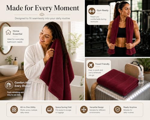 Image of 100% Pure Cotton Bath Towel for Men & Women | 380 GSM Ultra Soft, Highly Absorbent & Quick Dry Bath Towel | Large 55 x 28 Inch Matty Terry Towel for Bathroom, Gym, Travel & Daily Use | Wine