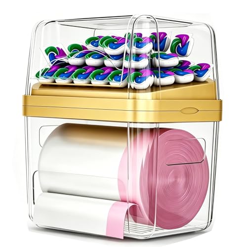 2-in-1 Trash Bag Dispenser & Laundry/Dishwasher Pods Container, Clear Acrylic Garbage Bag Holder with Removable Lids, Under Sink Organizer Kitchen Pantry Storage Box