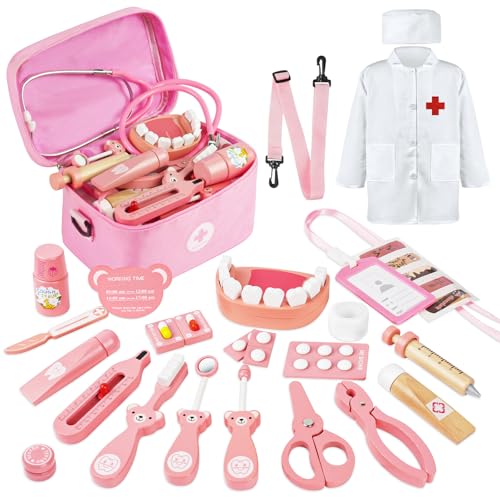 Aomig Maletin Medico Juguete, 38Pcs Doctora Juguete con Estetoscopio, Bata, Bolsa Médica, Termómetro y Jeringa, Kit Medico Infantil Madera, Juguetes Niños 3 Años de Cosplay del Doctor, Rosa