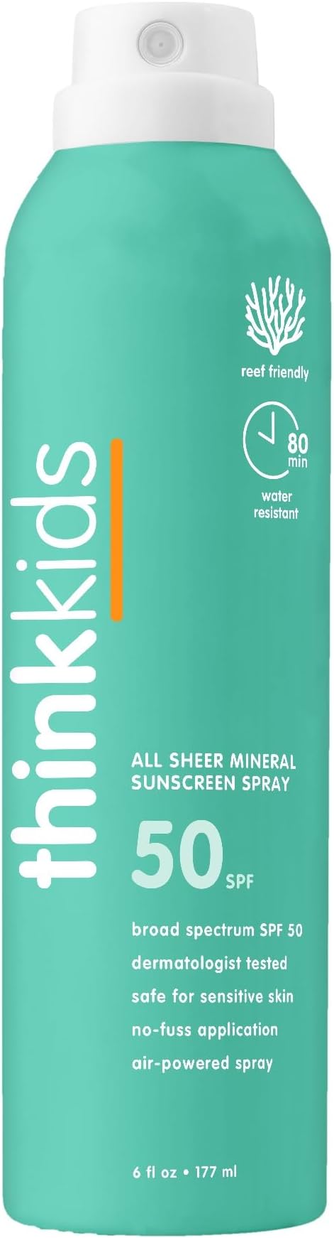 Thinksport Kids Sunscreen Spray, SPF 50 All Sheer Mineral Sunscreen, 6 Fl Oz,...