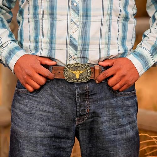 Mens-Western-Cowboy-Belt - Longhorn-Bull-Pattern-Buckle-Belt Floral-Engraved-Buckle-Belt Fit 25" to 38" Waist4