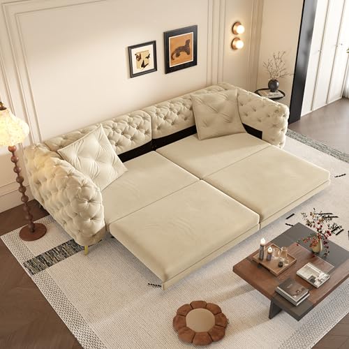Image of KEIKI 97.7 inch Convertible Sleeper Sofa Bed, 3 in 1 Pull Out Sofa Bed, Button Tufted Modern Sofa, 4-Seater Couch with Movable Ottoman for Living Room, Bedroom, Apartment, Apricot