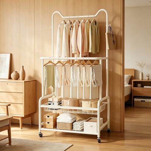 Garderoba Autoportante de Doble Barra, Perchero Metálico Resistente con Estante Superior y Cesta Inferior, Colgador de Ropa Móvil con Ruedas con Freno para Dormitorio, Recibidor(White,150cm/59in)