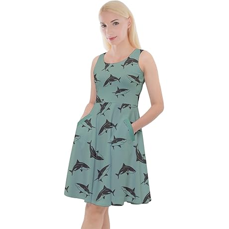 Womens Summer Dress Sea Animals Whales Sharks Dolphin Fish Knee Length Skater Dress with Pockets