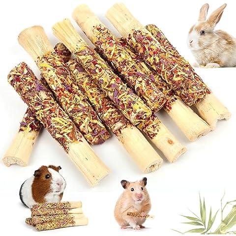 Abizoo Natural Rabbit Chew Toys,10 Sticks Sweet Bamboo Sticks for Rabbits with Petals,Bunny Chew Toys for Guinea Pig,Chinchilla,Hamster Treats Pet Wood Chews Snack Healthy Small Animals Toys for Teeth Cover