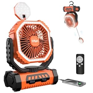 Outdoor Camping Fan with Light, 20000mAh Battery Powered, Rechargeable Portable Fan with Remote Control and 360° Rotating Hook, 4 Speeds for Indoor, Traveling, Tenting, RVing, Fishing, Beach (Orange)