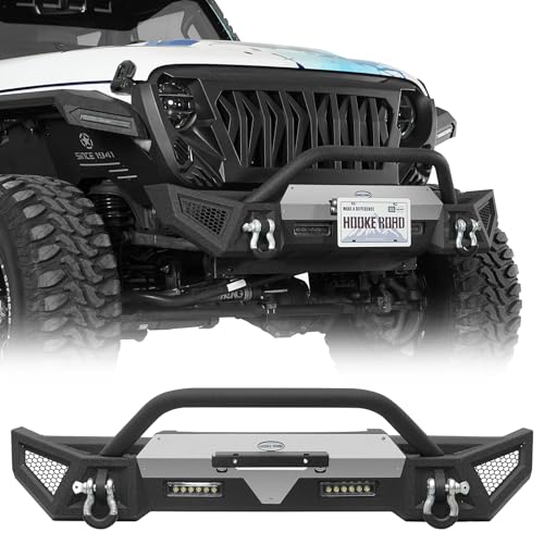 Hooke Road JL Gladiator Front Bumper w/Winch Plate for 2018-2026 Jeep Wrangler JL & Gladiator JT Offroad Steel Bumper Bull Bar Guard with LED Lights and D-rings