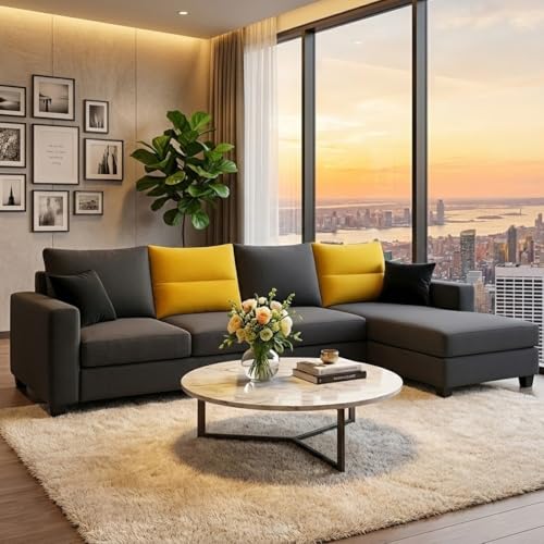 Image of CASASTYLE Texon 5 Seater Fabric RHS L Shape Sofa Set (Yellow-Dark Grey) Velvet Finish Comfortable Sectional Sofa Set