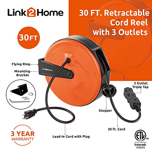 Link2Home 30 Ft Retractable Extension Cord Reel, Ceiling Or Wall Mount 16/3 Gauge Power Cord With 3 Electrical Outlets For Garage Or Workshop, Circuit Breaker, Metal Plate, And Hardware Included #TOP1