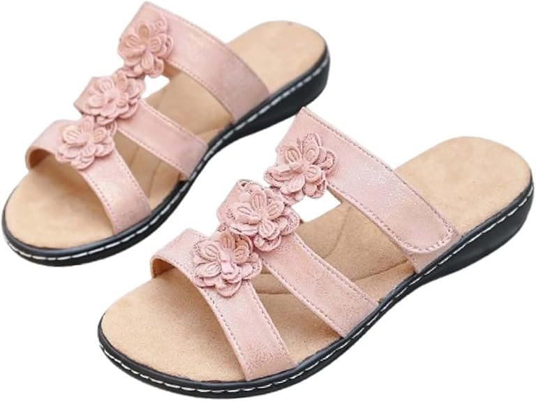 2025 women's floral decoration sliding into sandals, comfortable and elegant summer beach, daily slippers, comfortable arch support(Silver,5.5)2