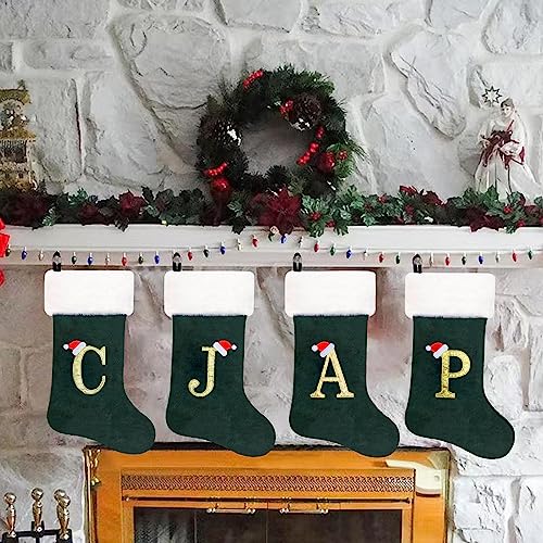 Eoocan 20 Inches Monogram Christmas Stockings Green Velvet With White Super Soft Plush Cuff Embroidered Xmas Stocking Classic Personalized Stocking Decoration For Family Holiday Season Decor(Letter P) #TOP6