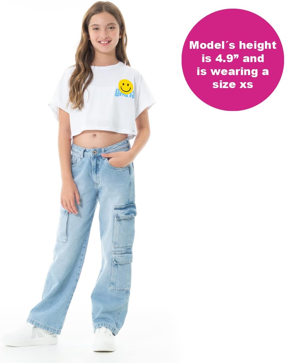 Nauty Blue Cargo Pants for Girls - High Waist Wide Leg Baggy Jean for Teens Fashionable Loose Fitting Flap Pocket Denim