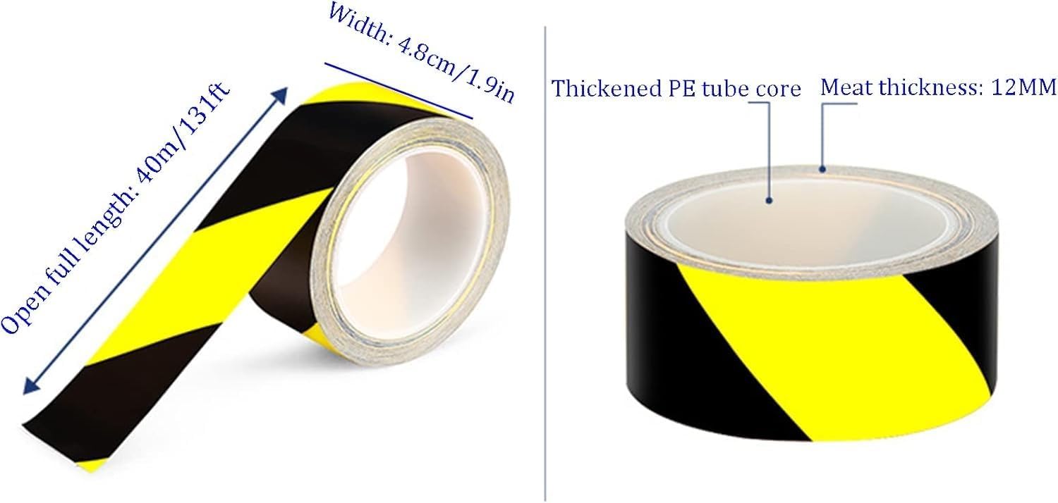 Caution Tape, Hazard Warning Tape - 40m X 48mm - PET Adhesive Marking Barrier Tape, Safety Tapes - Lane + Social Distancing Marking(Black and Yellow)