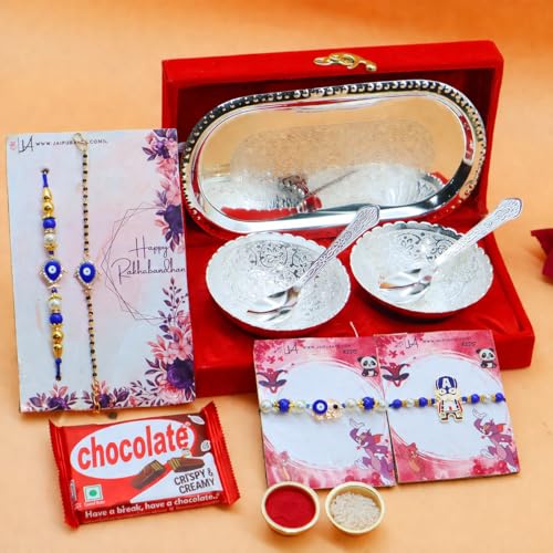 Image of Jaipur Ace Premium Rakhi Gifts Hamper Rakhi for brother with Silver Plated Gifts Bowl Set With Chocolate & Greeting Card (Family Combo Rakhi Gift Hamper)
