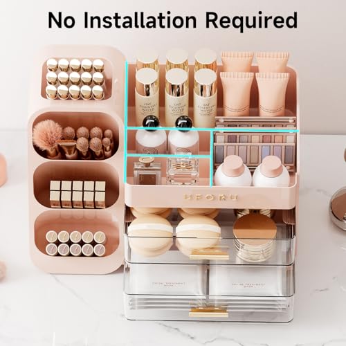 Image of UFORU Makeup Organizer for Vanity with Brush Holder, Large Capacity Bathroom Countertop Skincare Organizer with 2 Drawers, Cosmetic Display Case for Perfumes, Eyeshadow Palettes, Nail Polishes