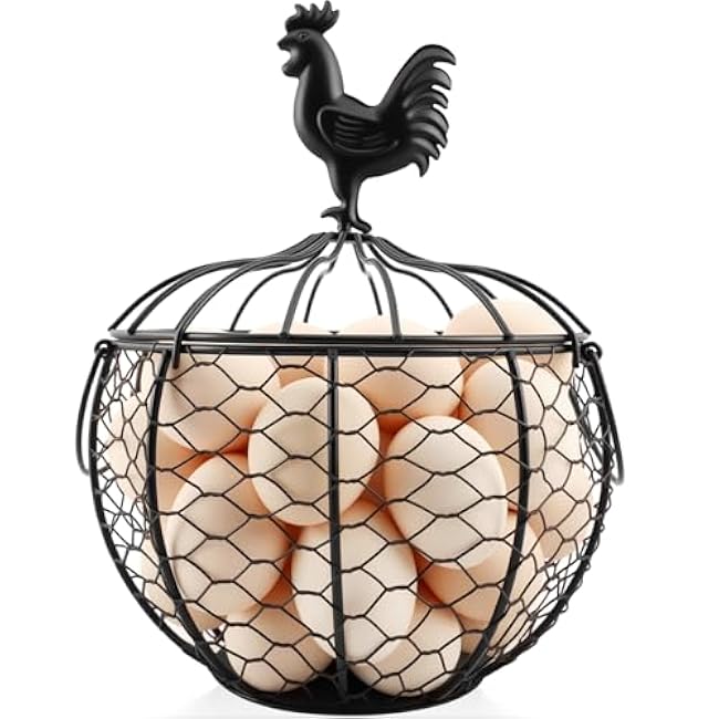 Metal Wire Egg Baskets Gathering Fresh Eggs, Farmhouse Chicken Egg Holder Countertop with Handle for Collecting Basket, Rusty Vintage Style Storage Rack Decorated Small Chicken Basket for Kitchen