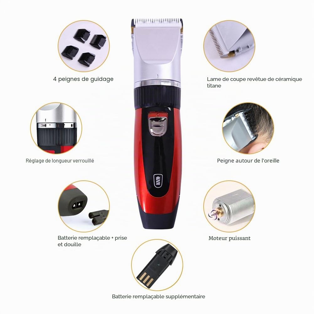 Surker Rouge Tondeuse Cheveux Professionnelle Tondeuse Barbe Rasoir Electrique Sans Fil Rechargeable avec 4 Peigne pour Enfants, Adultes, Personnes Agées,Rasoir électrique