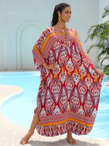 Image of IMAGEKOPE Women's Plus Size Animal Print V-Neck Batwing Kaftan Beach Dress Bathing Suit Cover-Up Loungewear