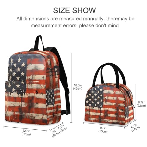 Rustic American Print Backpack Set with Lunch Bag, Large Capacity Travel Backpacks and Lunch Box Insulated for Commute Hiking Picnic2