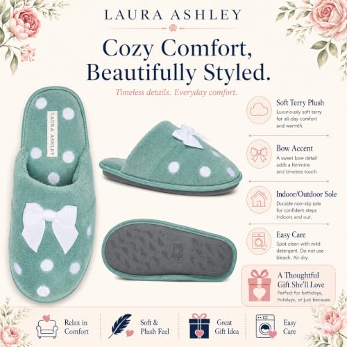 Image of Laura Ashley Ladies Embroidered Soft Terry Plush Scuff Slipper