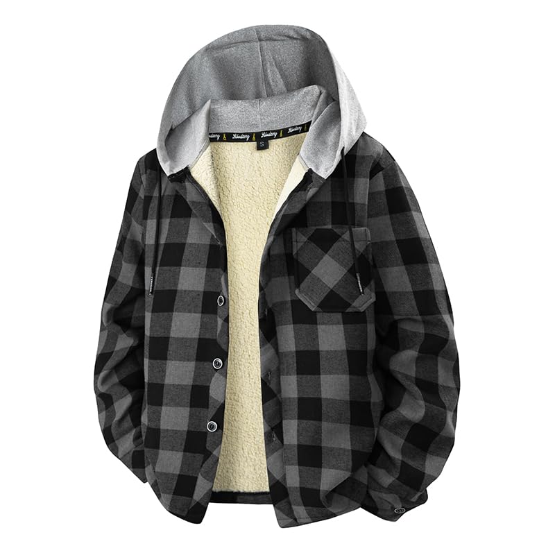Teen Hooded Jacket, Fleece-Lined Warm Black-Gray/Black-Red Plaid Polyester Coat
