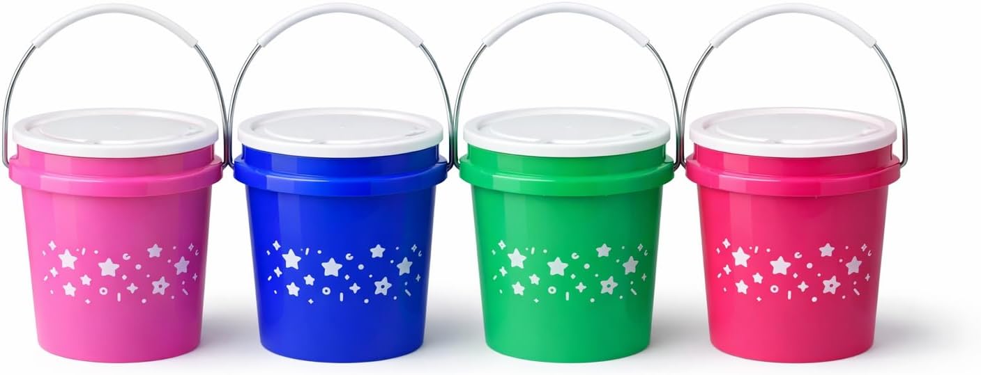 Mini Plastic Buckets 4 Pack, 14oz Small Buckets with Handles, Kids Party Favor Containers for Candy, Birthday Party Supplies, Classroom Activities, Crafts & Desk Organizer