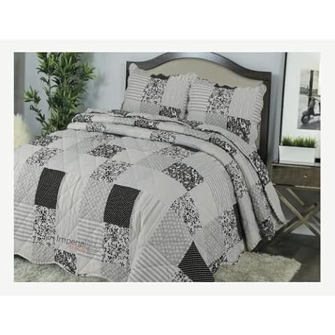 Northern Luxe Patchwork Vintage Reversible Bedspread Set Quilted Bed Unique Designs Throws 3 Piece with Pillowcases. (Luciana Silver-Grey, Double) Cover