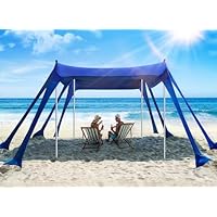 Vibemo Beach Tent, Beach Canopy Sun Shade with UPF50+ UV Protection, 10x10ft, Includes 8 Sandbags, Sand Shovel, Ground Pegs & 4 Stability Poles, Pop Up Sun Shelter for Camping, Picnics, Backyard Fun