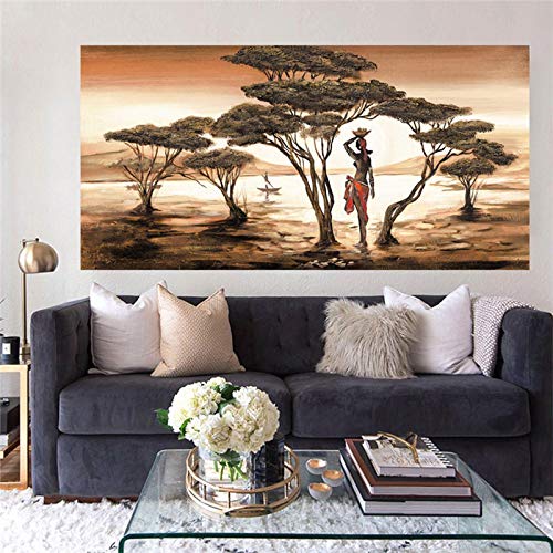 Toile art africain paysage et femme 40x80cm pour décoration murale de salon